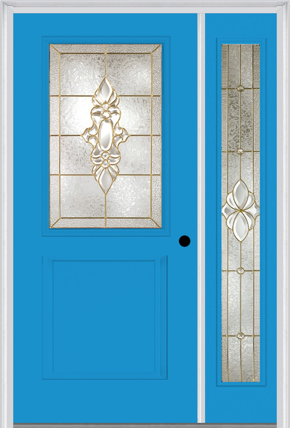MMI 1/2 Lite 1 Panel 6'8" Fiberglass Smooth Heirlooms Brass Or Heirlooms Satin Nickel Exterior Prehung Door With 1 Full Lite Heirlooms Brass/Satin Nickel Decorative Glass Sidelight 682